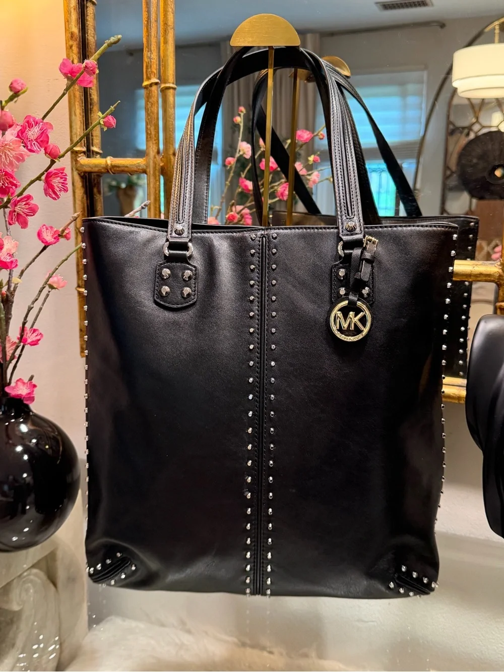 Michael Kors Black Leather Studded Chic Top Handle Tote NWOT